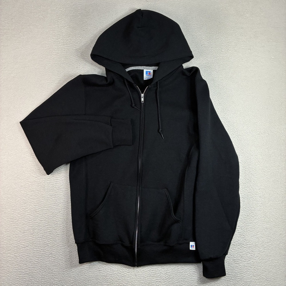 Vintage Russell Athletic Full Zip Hoodie Men M Black Blank Jacket 90s Y2K